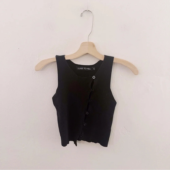 Luxe To Kill Ribbed Asymmetrical Top Black Buttons Goth Punk Tank Sleeveless - Picture 2 of 5
